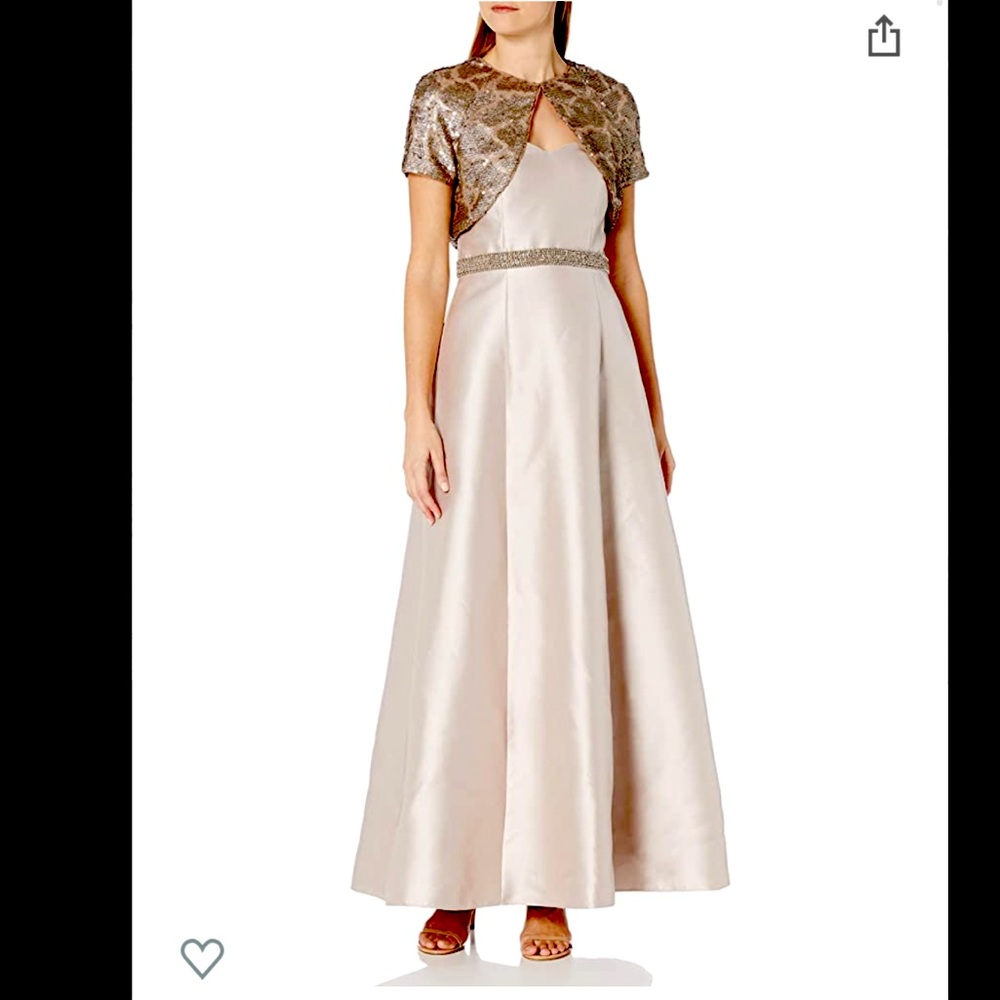 Ignite Women's Two Piece Short Sleeve Jacket with Beaded Waist Gown Dress.